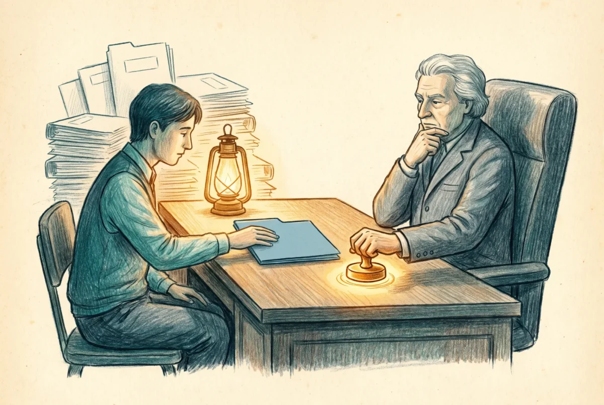 A clerk slides a prepared brief to a seated official who keeps a firm hand on the amber approval stamp.