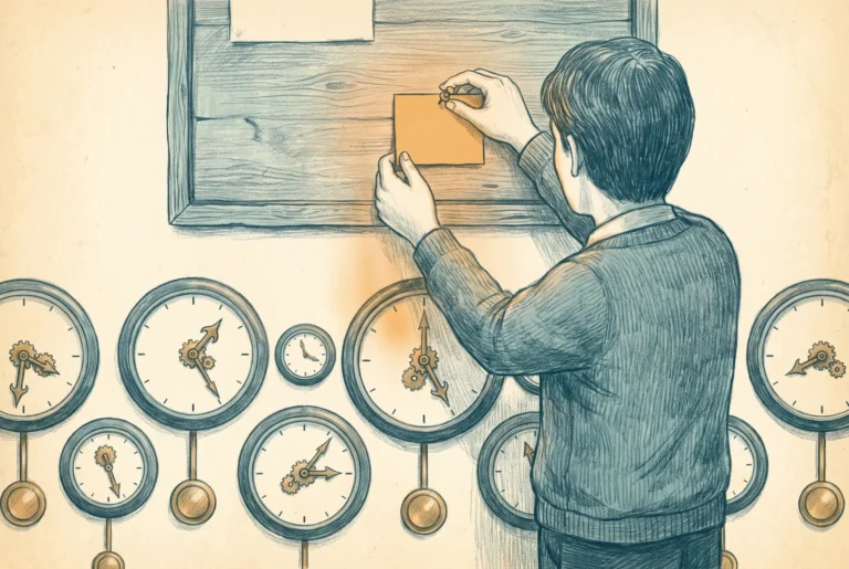 A keeper pins one amber card to a notice board while rows of clocks below adjust their own hands to match.
