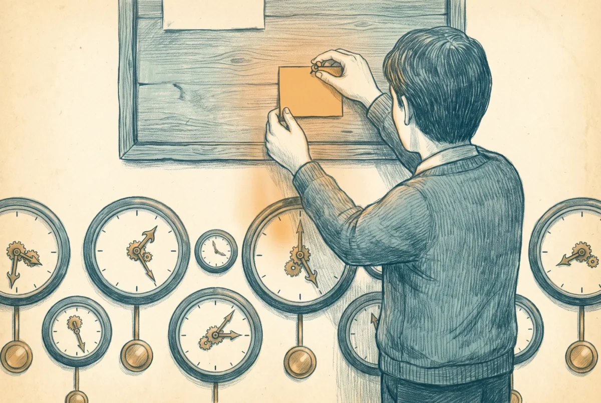 A keeper pins one amber card to a notice board while rows of clocks below adjust their own hands to match.