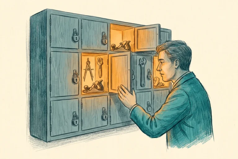 A person reaching toward a wall cabinet of tools whose previously padlocked compartments are now unlocked and softly lit
