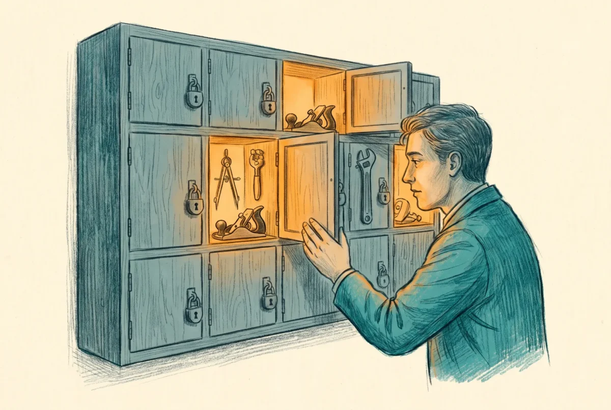A person reaching toward a wall cabinet of tools whose previously padlocked compartments are now unlocked and softly lit