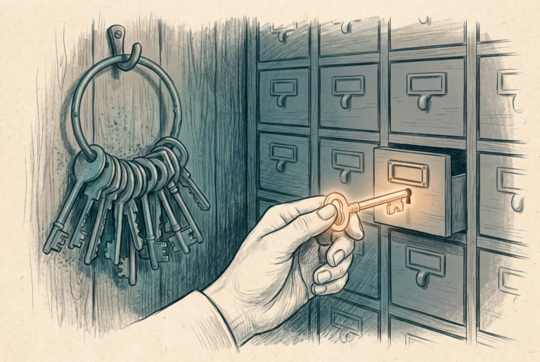 A crowded key ring hangs retired on a hook while a hand fits a single glowing key into one specific drawer of a cabinet of many closed drawers