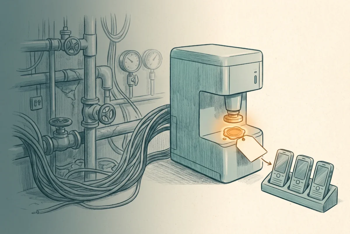 A dimmed tangle of old server-room pipes being retired beside a clean modern dispenser pressing a glowing wax seal onto a tag passed to a row of devices
