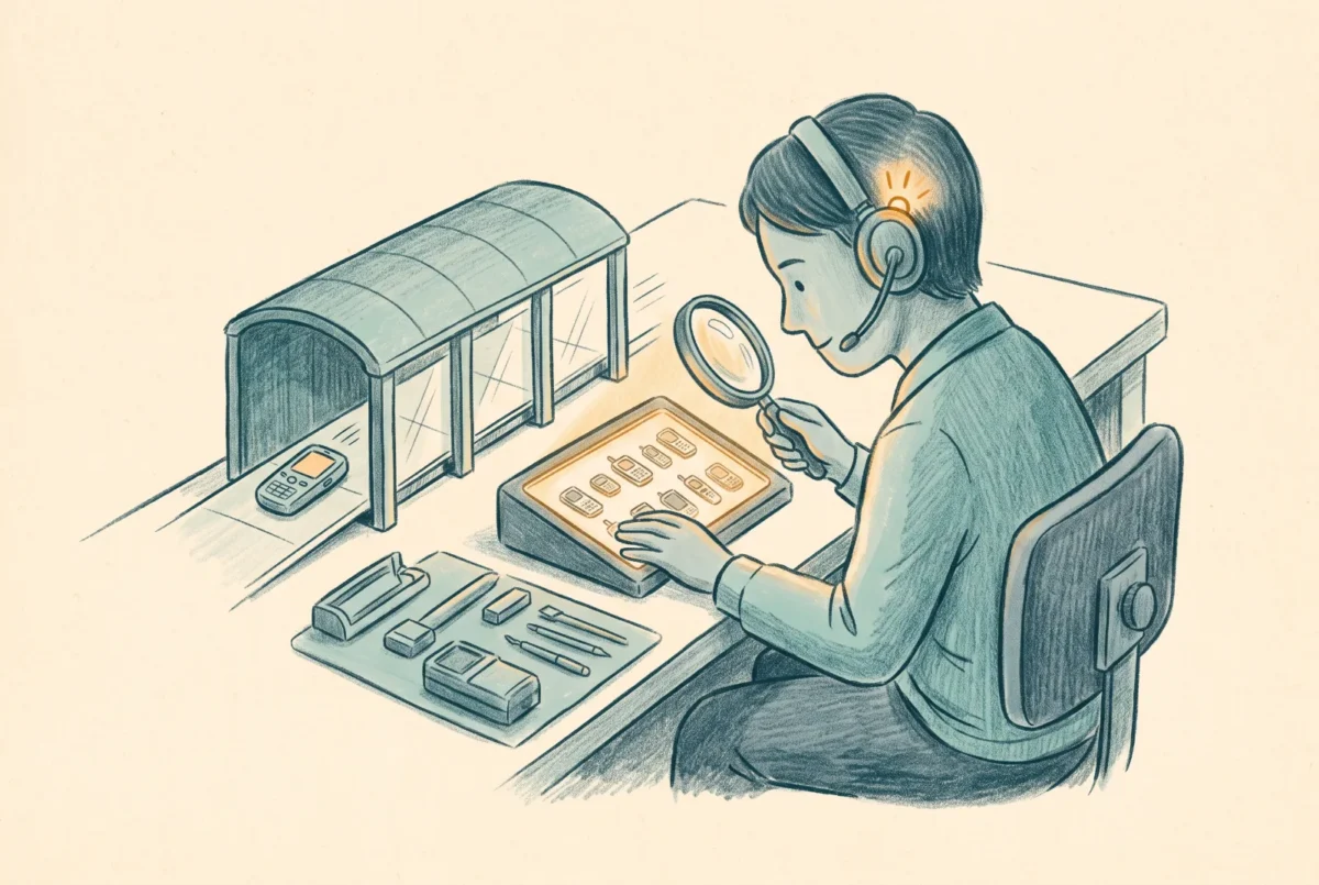 A person at an operations desk with a headset examining a lit grid of small devices through a magnifier, a covered walkway to the side through which a device passes