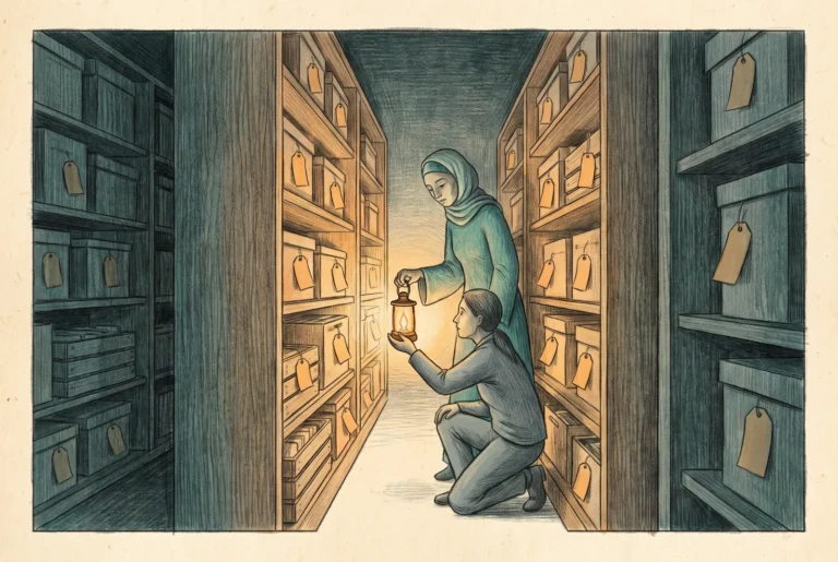 An archivist hands an assistant a lantern that lights only one tagged aisle of shelves in a dim archive.