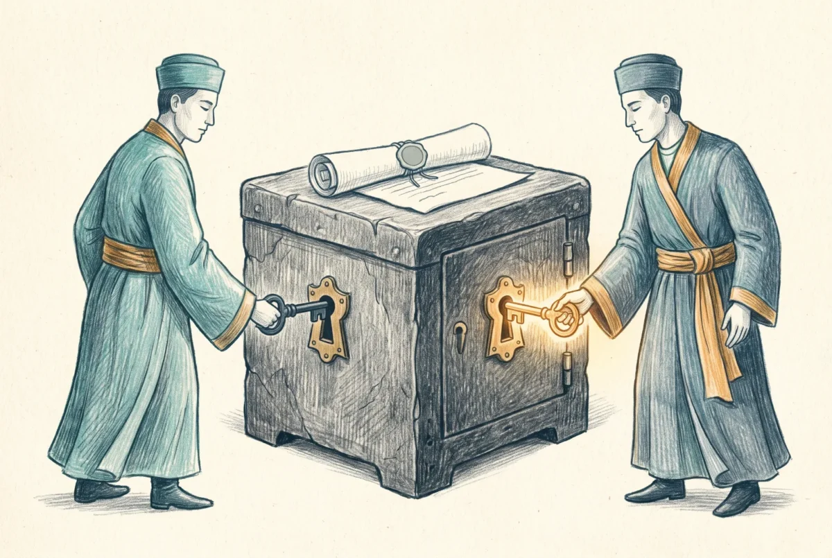 Two officials each turn their own key in a double-lock strongbox, a sealed document waiting on the lid.