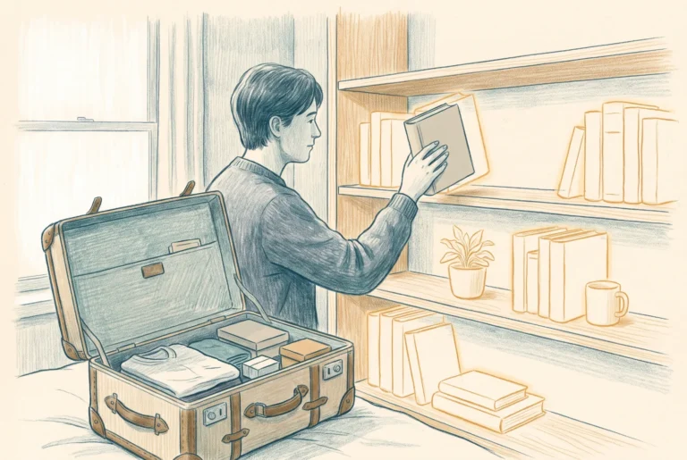 A person restores books to shelves guided by faint amber outlines showing where each belonged, an open trunk beside them.