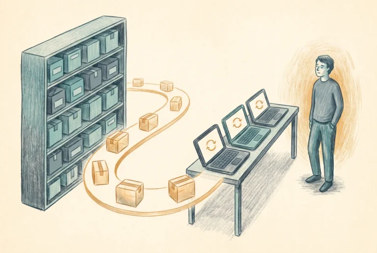 Editorial illustration: Enterprise App Catalog apps flowing automatically onto a fleet of laptops while a person watches