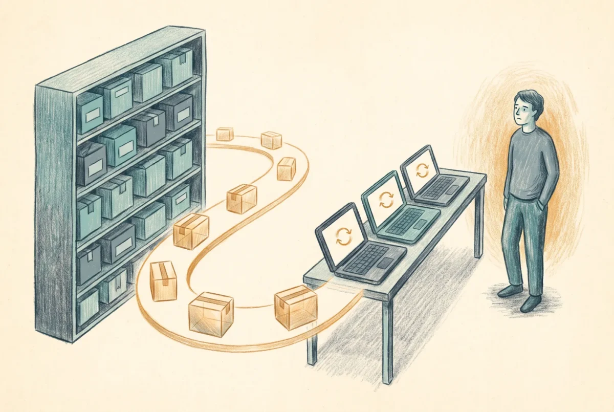Editorial illustration: Enterprise App Catalog apps flowing automatically onto a fleet of laptops while a person watches