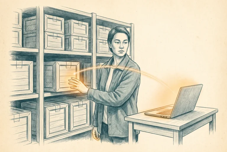 Editorial illustration: a person selecting a finished prepackaged crate from a stocked catalog shelf and directing it to a laptop