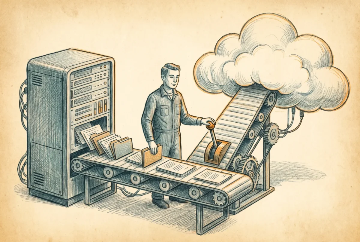 A steady conveyor carries folders from an old server up into the cloud while an operator stands at the control lever