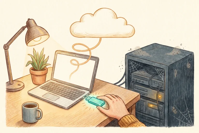 A hand plugs a glowing teal drive token into a laptop that threads up to a cloud, while a dusty cobwebbed server sits powered down in the corner