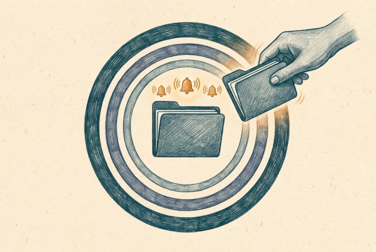 A folder wrapped in three concentric protective rings with three amber alert bells above, and a hand lifting a copy of the folder out to prove recovery works
