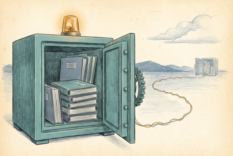A teal safe holds neat folders with an amber warning lamp on top, and a lifeline arcs to a faint mirrored vault in the distance