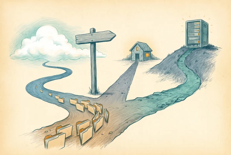 A stream of folders reaches a signpost fork and sorts down three paths, one to a cloud, one to a small cache building, one to a sturdy server on a hill