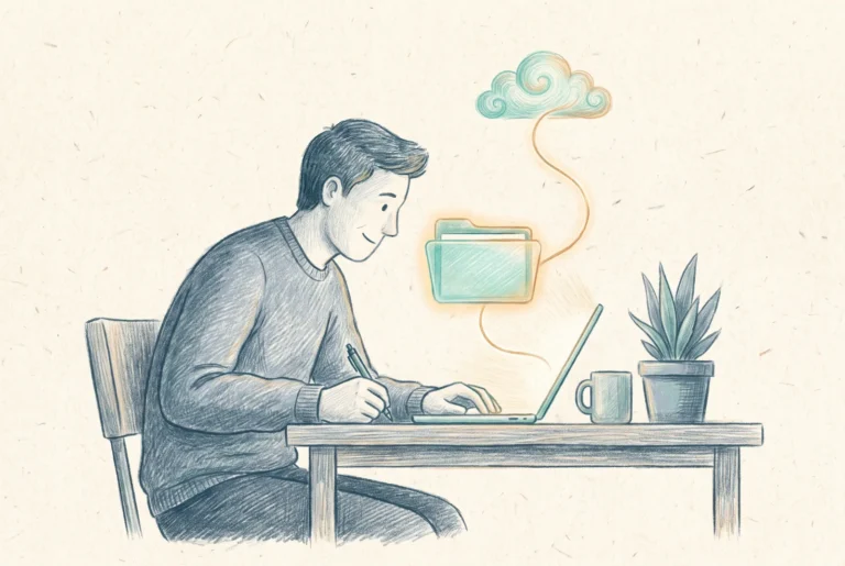 Editorial illustration of a person at a laptop with a teal folder connected by a thread to a small cloud