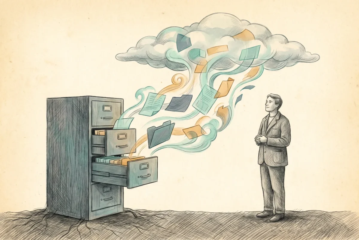 Editorial illustration of papers and folders floating from an open filing cabinet up into a cloud