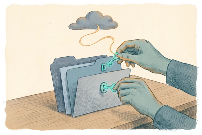 Editorial illustration of hands placing glowing keys into the locks of folders while a cloud issues a key