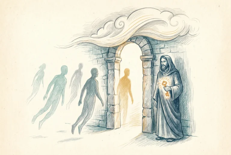Editorial illustration of a gatekeeper holding a glowing key at a stone doorway as figures approach