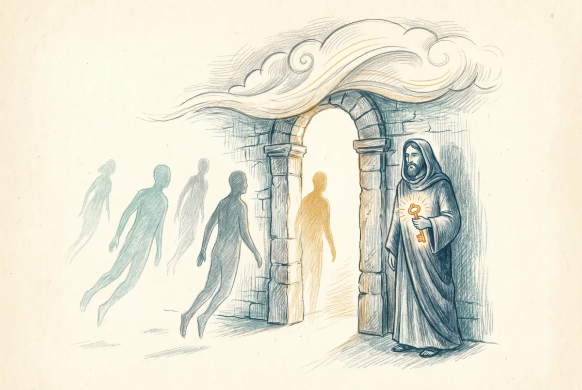 Editorial illustration of a gatekeeper holding a glowing key at a stone doorway as figures approach