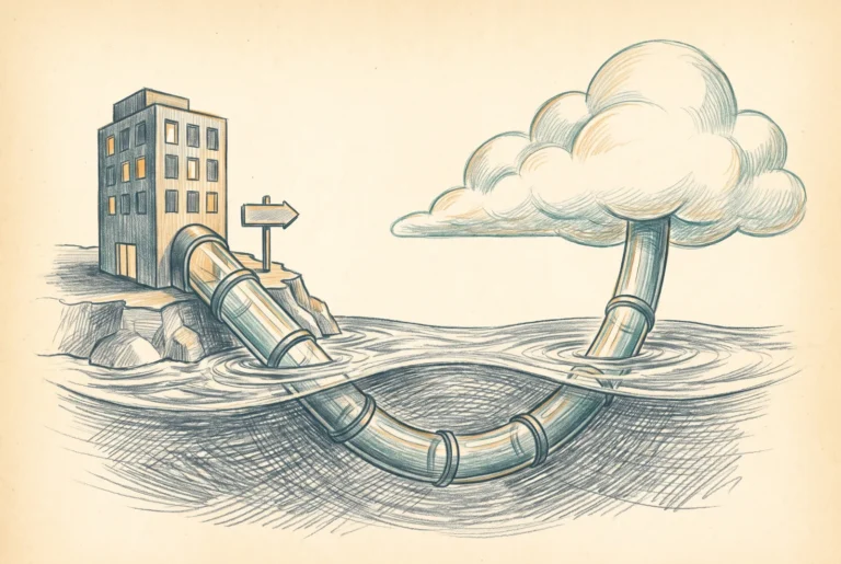 Editorial illustration of a private pipe running beneath open water connecting an office building to a cloud, with a signpost