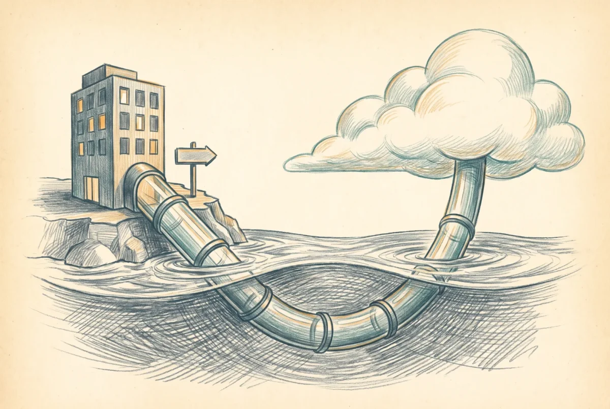 Editorial illustration of a private pipe running beneath open water connecting an office building to a cloud, with a signpost