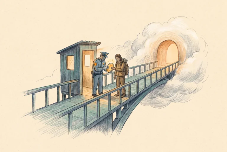Editorial illustration of a guard at a checkpoint booth checking a glowing badge before a traveler crosses a bridge into a cloud tunnel