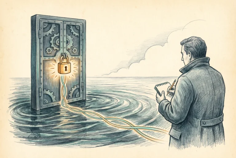 Editorial illustration of an armored locked door on open water with an encrypted channel, a figure studying it