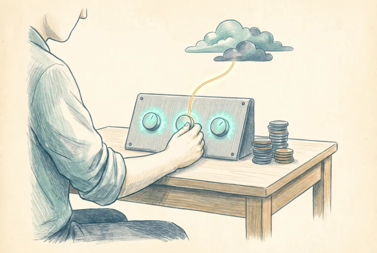 Editorial illustration of a person turning three glowing dials on a panel with coin stacks and a cloud