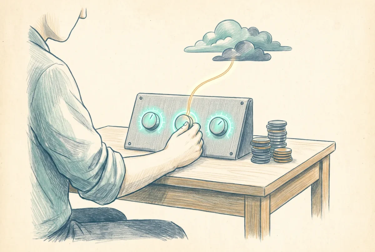 Editorial illustration of a person turning three glowing dials on a panel with coin stacks and a cloud