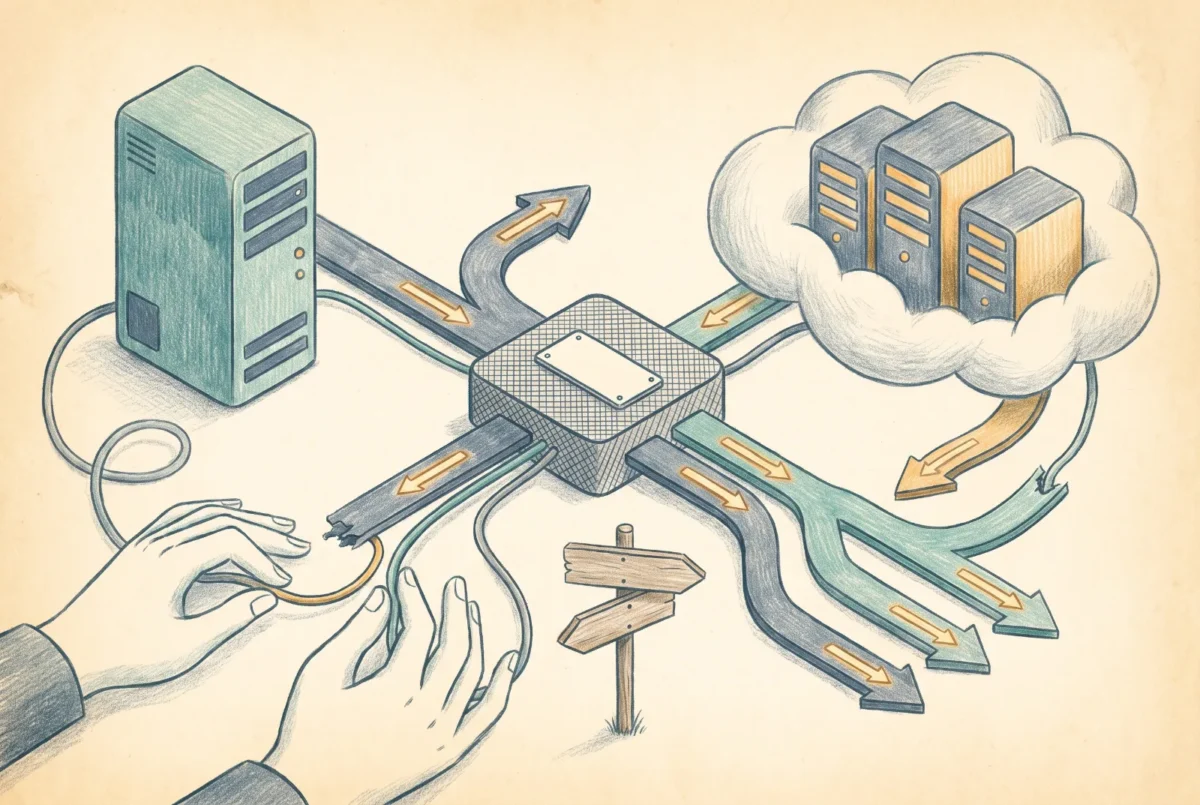Editorial illustration of a server and cloud connected through a routing junction with branching arrows and a signpost