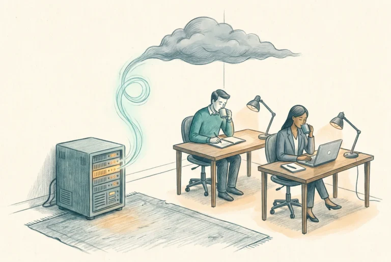 Editorial illustration of an office server connected by a thread to a cloud while two people work calmly at desks