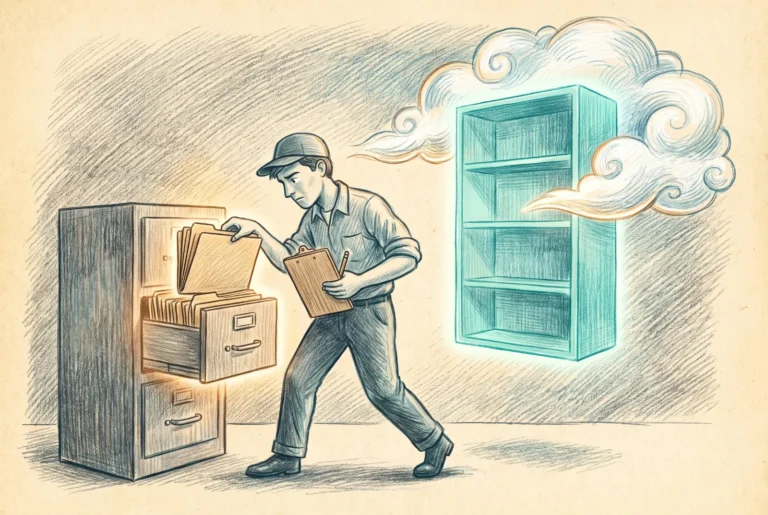 Editorial illustration of a worker with a clipboard carefully moving folders from a filing cabinet toward a glowing cloud shelf