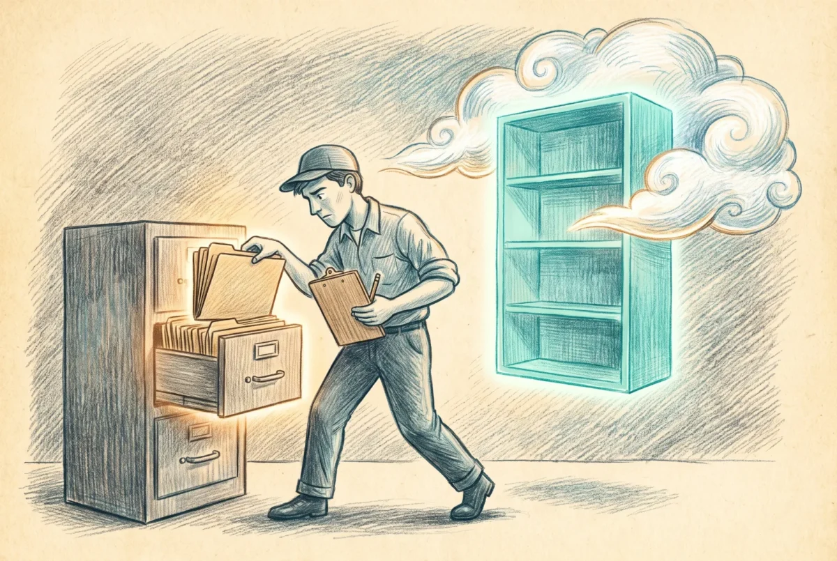 Editorial illustration of a worker with a clipboard carefully moving folders from a filing cabinet toward a glowing cloud shelf