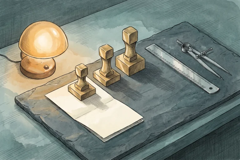 Three brass dies in ascending order on a slate bench with rule and dividers