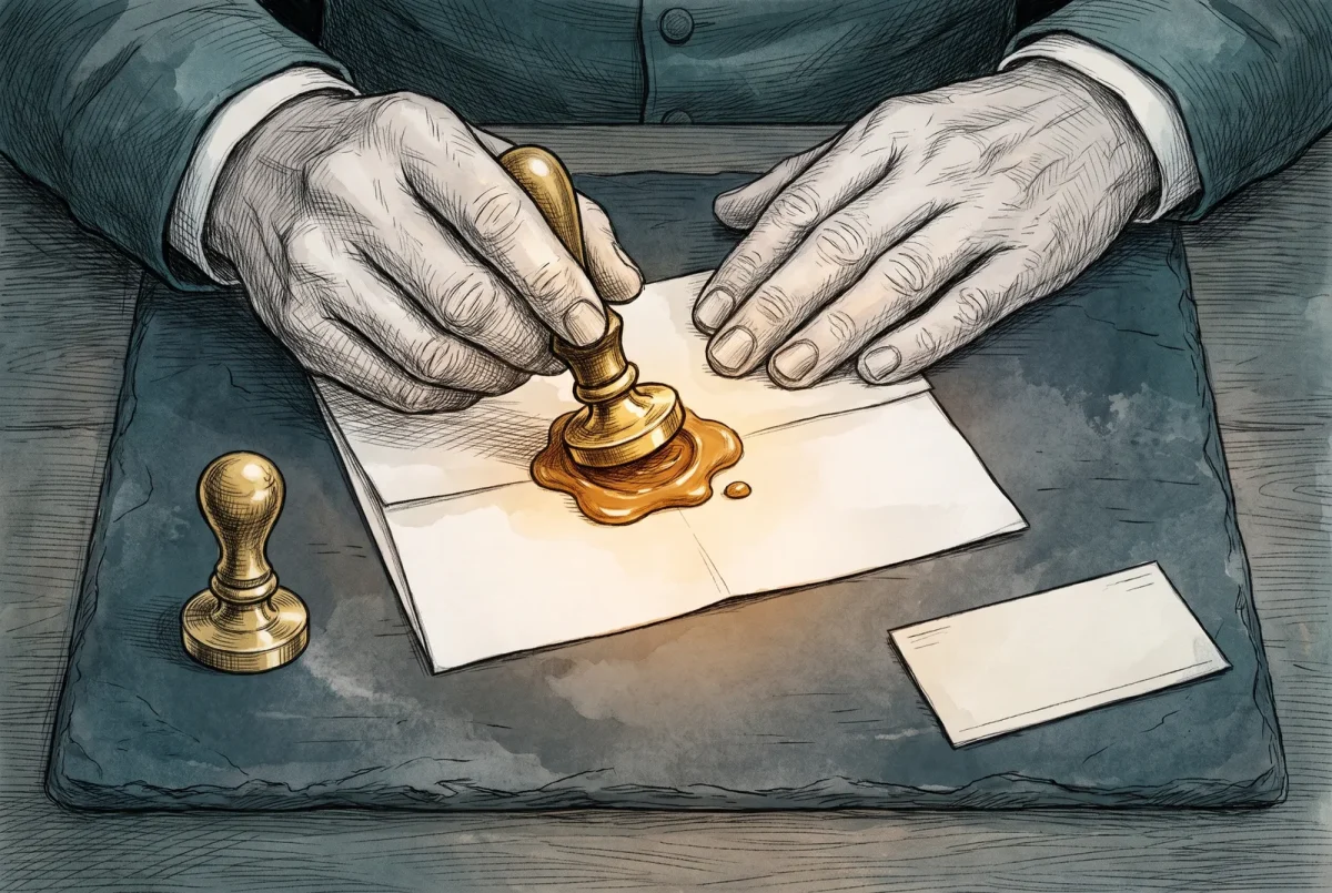 Hands pressing a brass seal into amber wax on a blank letter