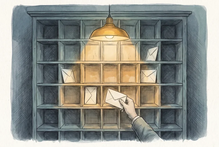 A sorting frame of pigeonholes, the middle lit and the outer compartments in shadow