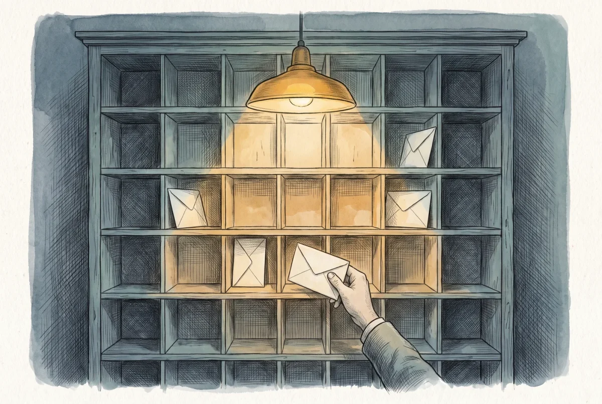 A sorting frame of pigeonholes, the middle lit and the outer compartments in shadow