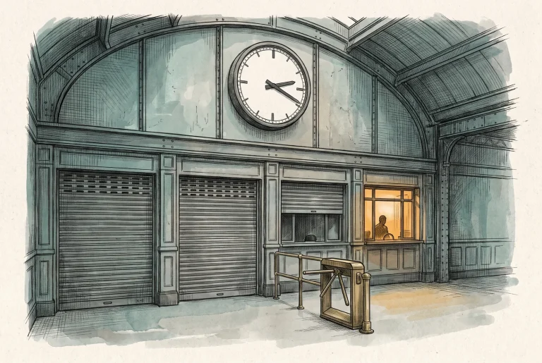 A sorting hall under a blank-dialled clock, three service windows shuttered and one still lit, a one-way turnstile in front