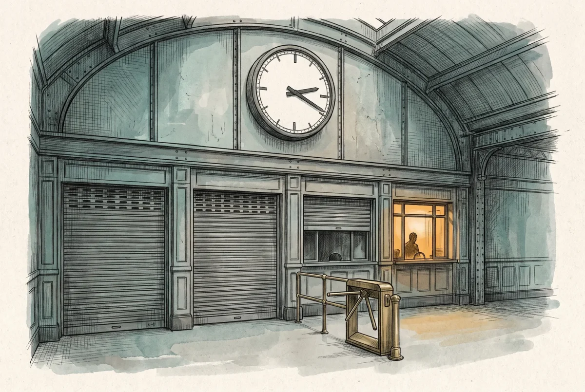 A sorting hall under a blank-dialled clock, three service windows shuttered and one still lit, a one-way turnstile in front