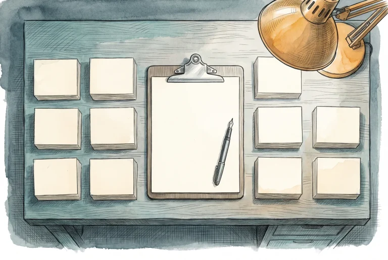 Overhead view of a blank clipboard and pen surrounded by eight squared stacks of blank cards