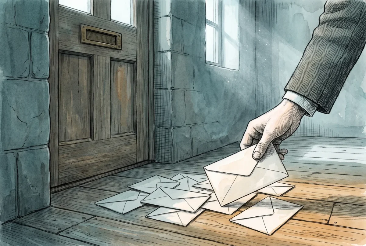 Envelopes pushed through a letter slot and fanned across the floor, one hand picking one up