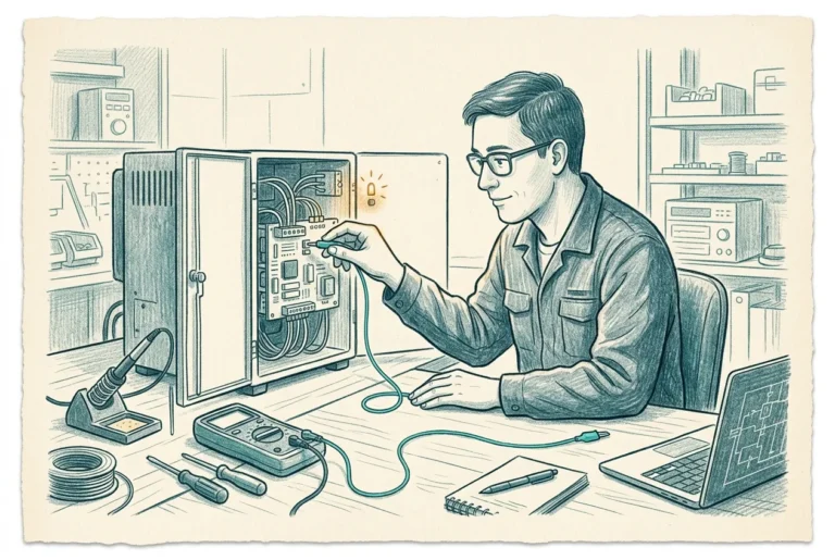 A technician clipping a single sensor line onto a machine and watching one status light come alive, a clean connection made once and confirmed.