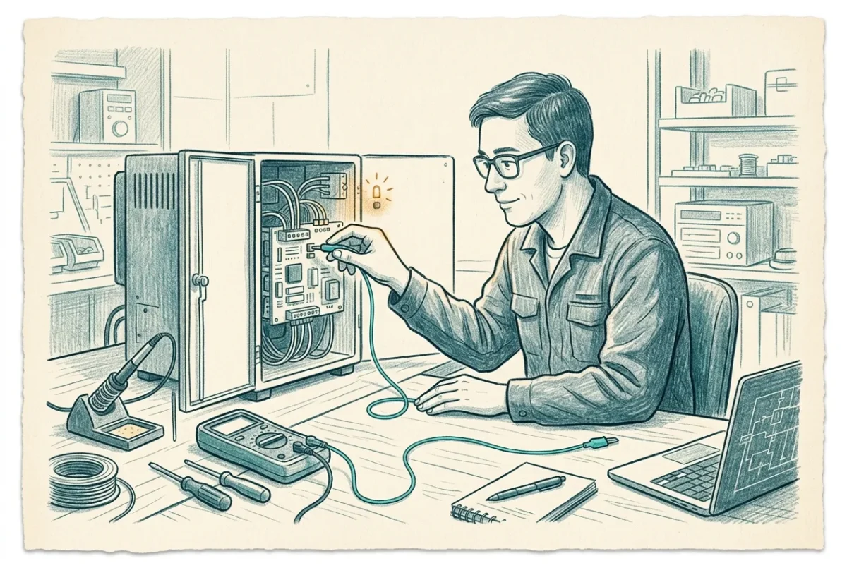 A technician clipping a single sensor line onto a machine and watching one status light come alive, a clean connection made once and confirmed.