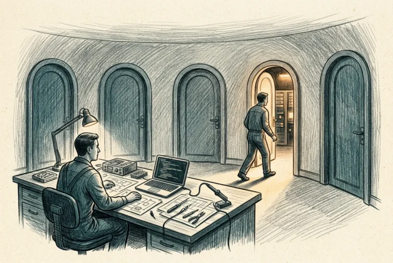 Several doorways leading into one glowing interior, a technician choosing a single way in while the others stay closed.