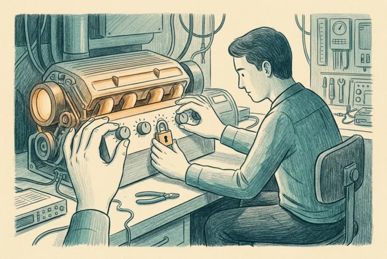 Careful hands setting a row of dials to marked positions on a glowing engine and closing a padlock over one of them.