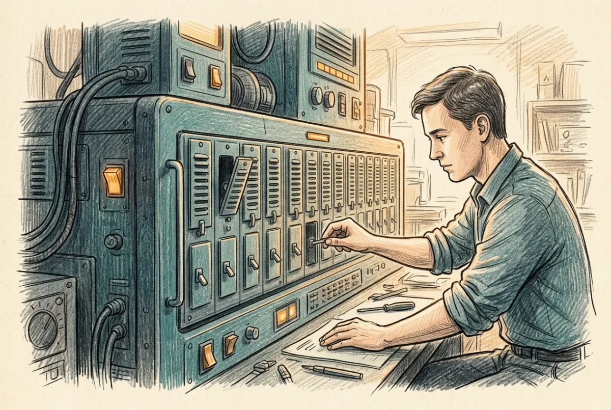 A technician closing a row of open panels on a machine, most already shut, shrinking the exposed surface.