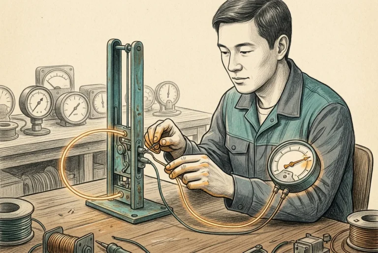 One trusted gauge wired to a slender gate with a loop of light, testing that the door moves with the needle, other gauges set aside.