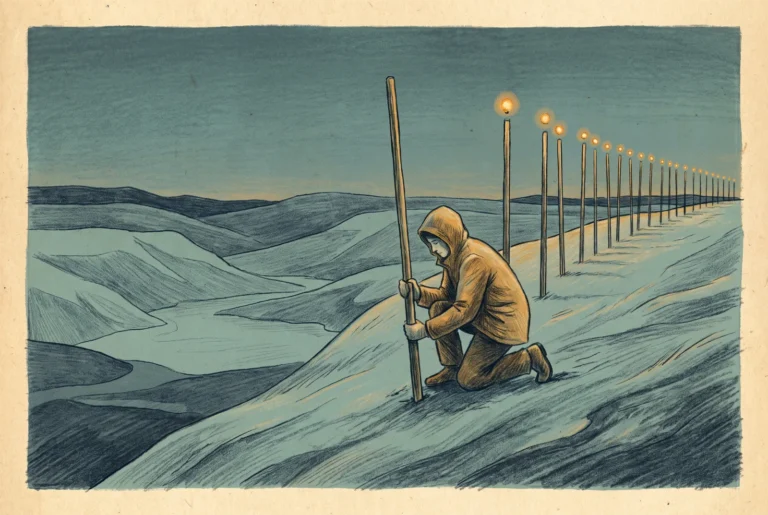 Hand-drawn pencil illustration in teal and slate with amber accents: a figure planting an orderly receding line of small amber beacon posts across a wide calm landscape.