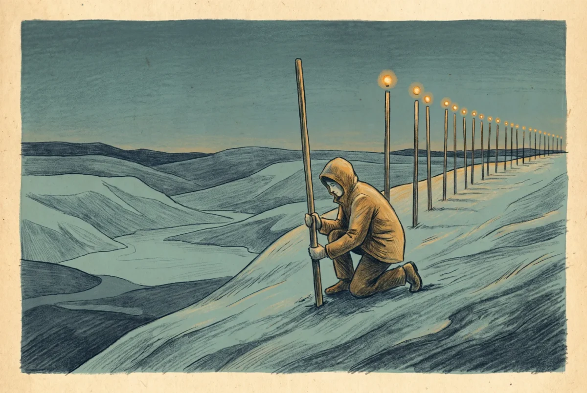 Hand-drawn pencil illustration in teal and slate with amber accents: a figure planting an orderly receding line of small amber beacon posts across a wide calm landscape.